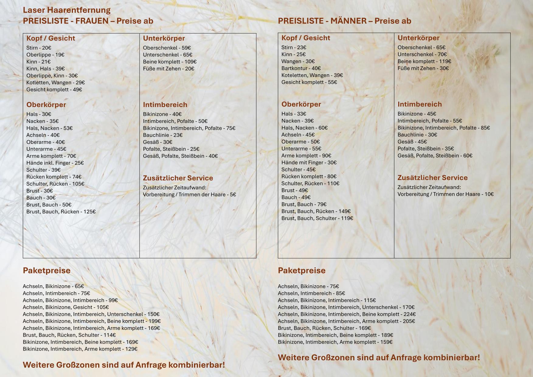 Preisliste Laser Haarentfernung