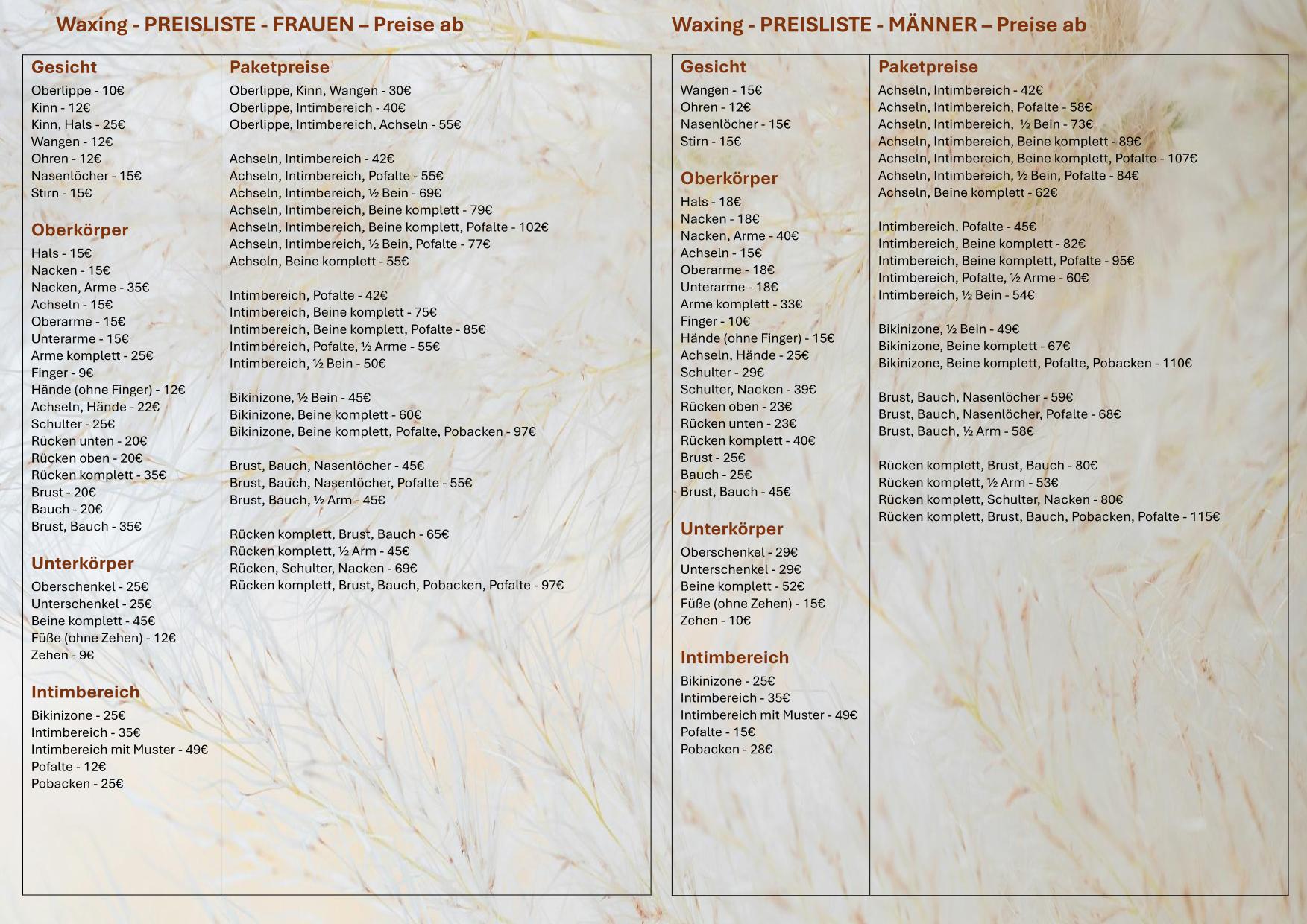 Waxing Preisliste